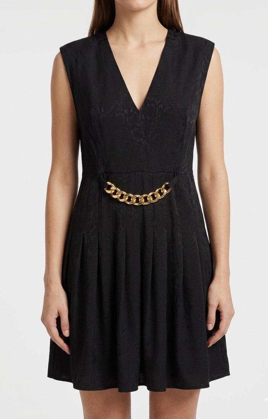 Sandro Aurea Chain Detail V Neck Black Dress Size 8 40 Jacquard Mini Flare Top 8